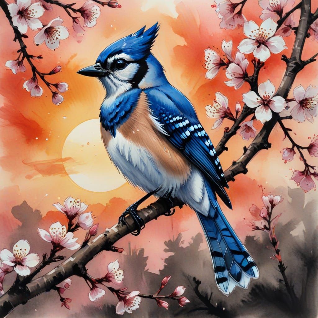 Bluejay on Cherry Blossom Branch in Sumi Ink