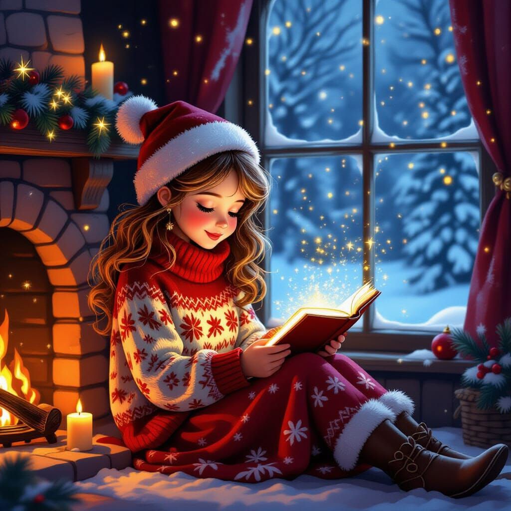 Magical Christmas Girl Writing by Fireplace