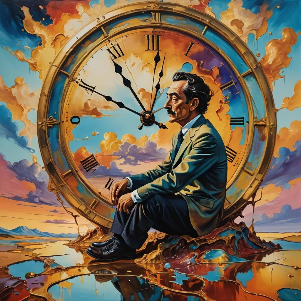 Surrealist Oil Painting of Solitary Figure with Melting Cloc...