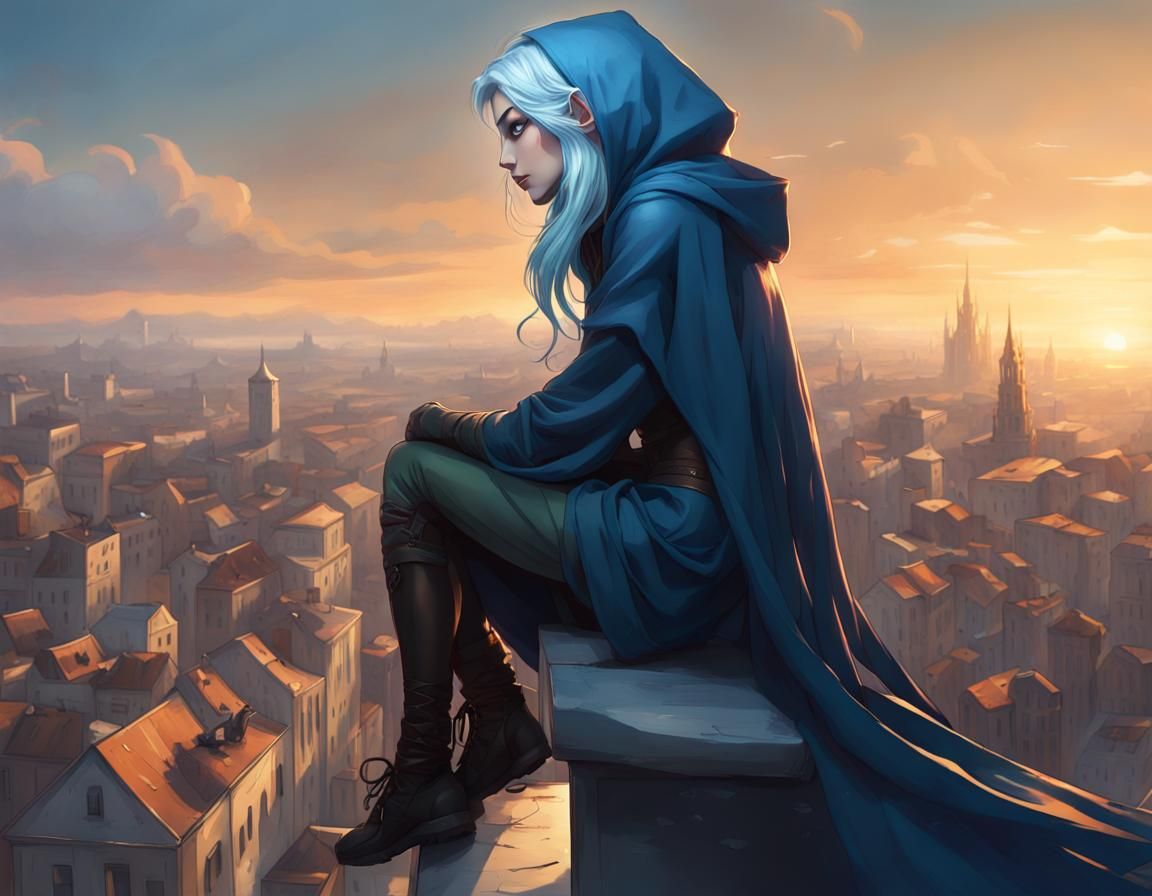 Elf Girl Overlooking Medieval City, Anime Art