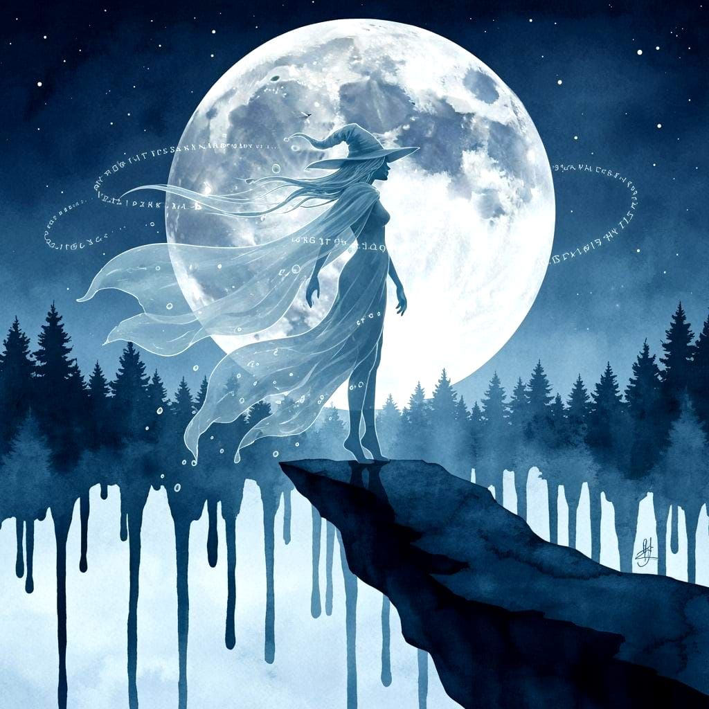 Ethereal Witch Under Full Moon, Watercolor Forest
