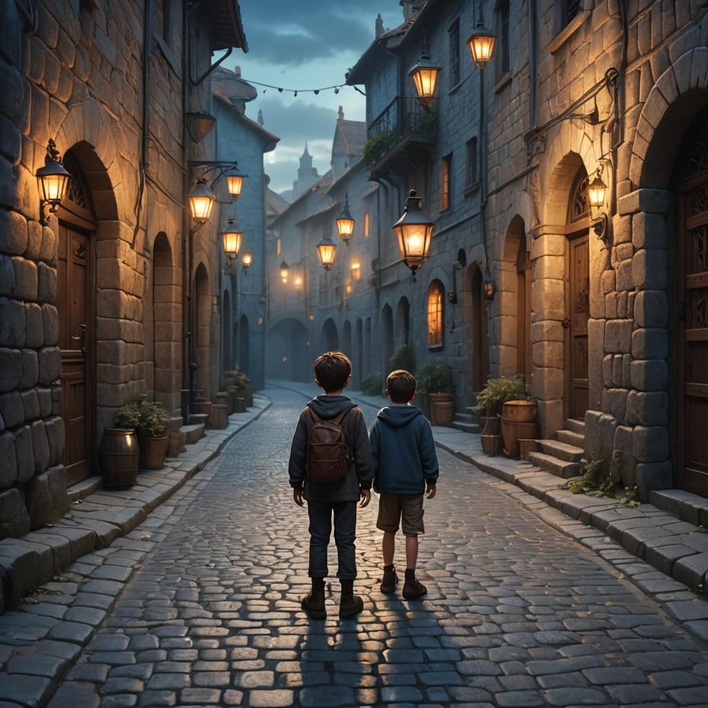 Mystical Street Scene with Boy, Fantasy Art
