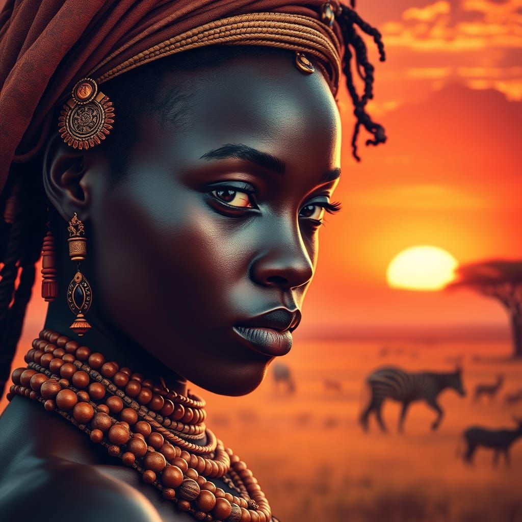 Regal African Woman in Sunset Savannah