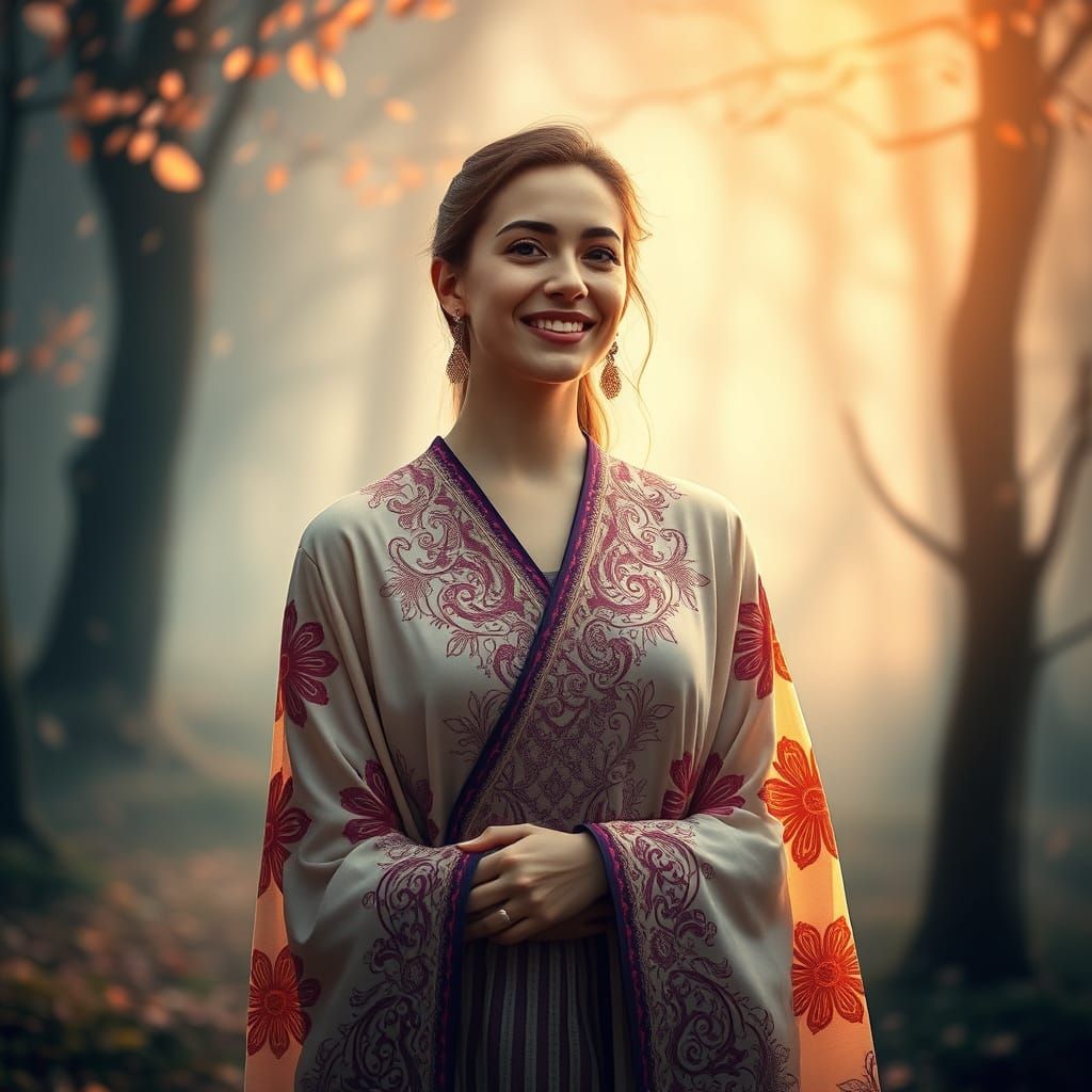 Iranian Woman Portrait in Misty Forest, Elegant Style