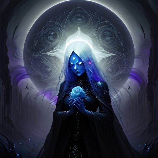 Ethereal Woman Holding Spectral Roses in Dreamlike Moonlight