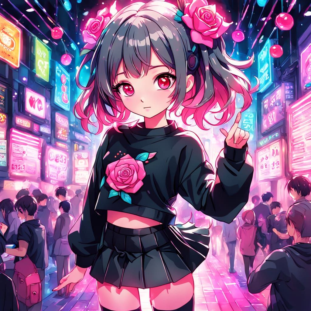 Kawaii Anime Girl Posing with Neon Lights