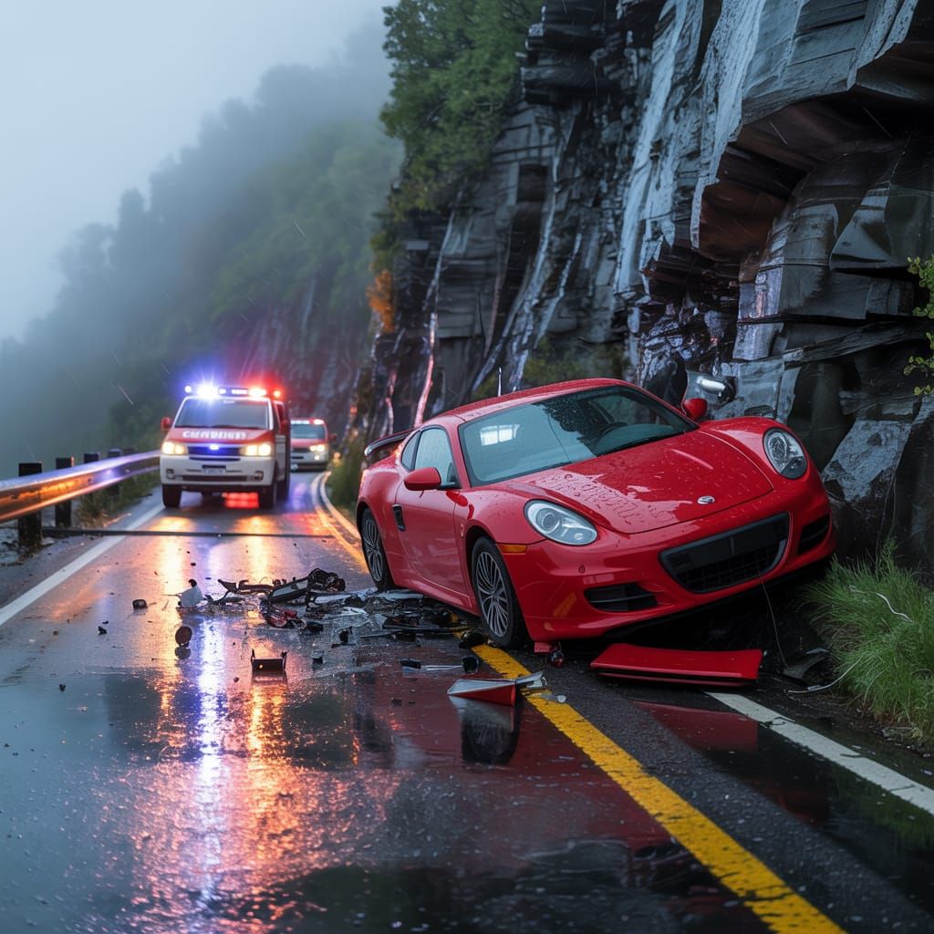 Dramatic Cliffside Car Crash Scene with Emergency Response