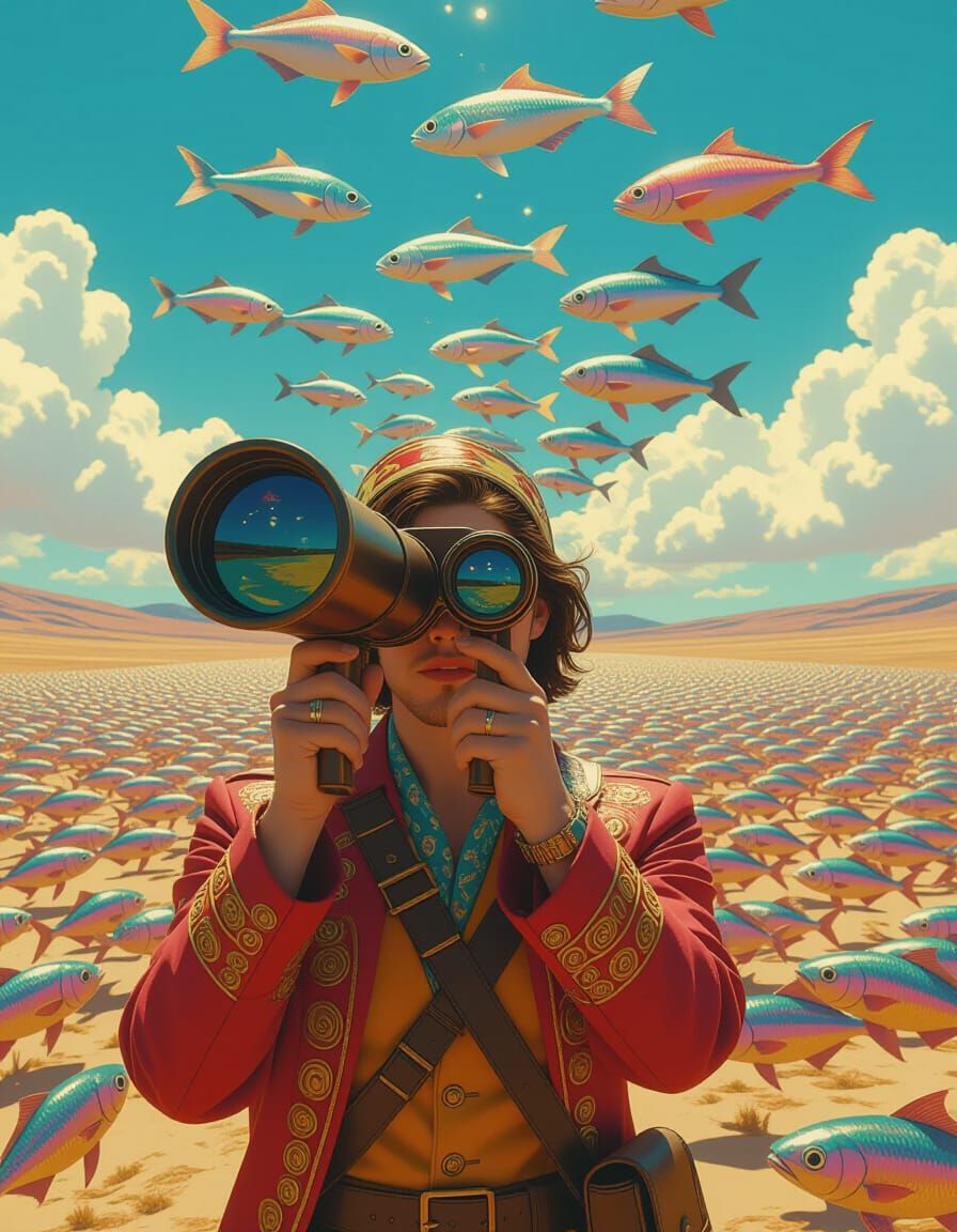 Vibrant Traveler with Spyglass and Fish in Sunlit Landscape