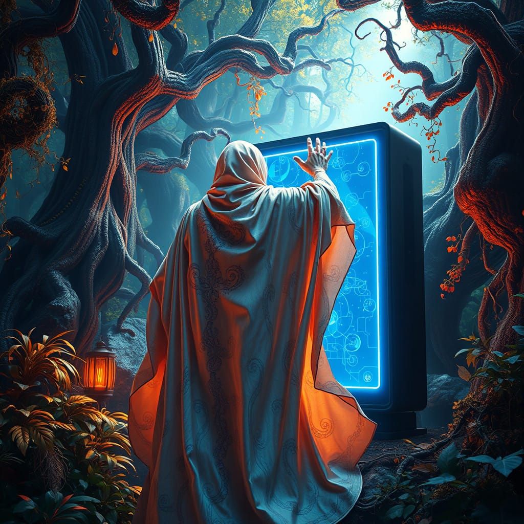 Ethereal Figure Reaches through Digital Portal in Vibrant, F...