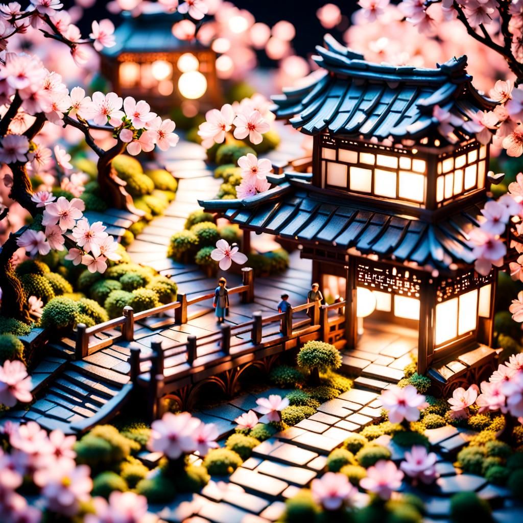 Blossoming Sakura Path: Intricate Miniature Scene