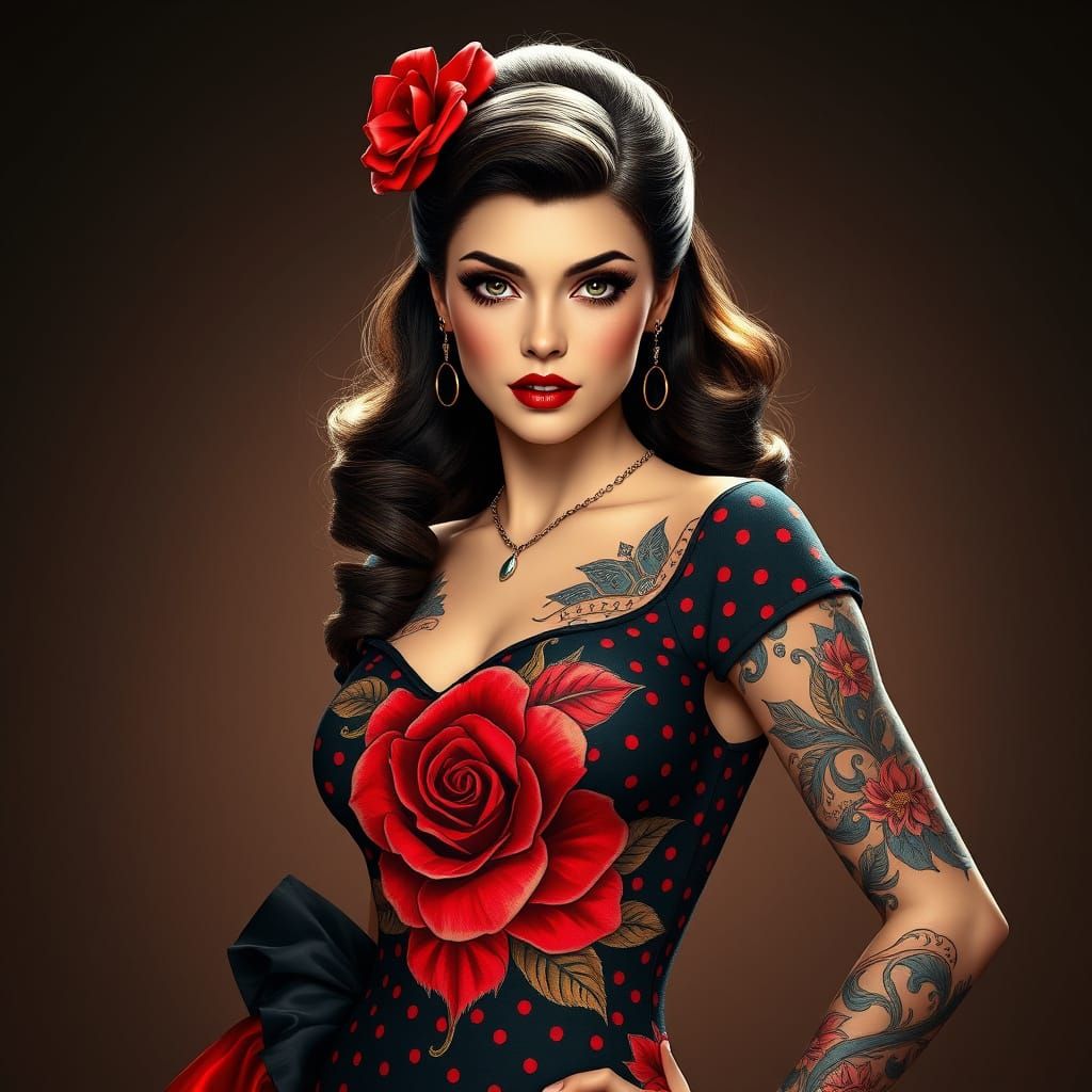Elegant Pin-Up Girl Exudes Allure in Intricate Tattoo Art