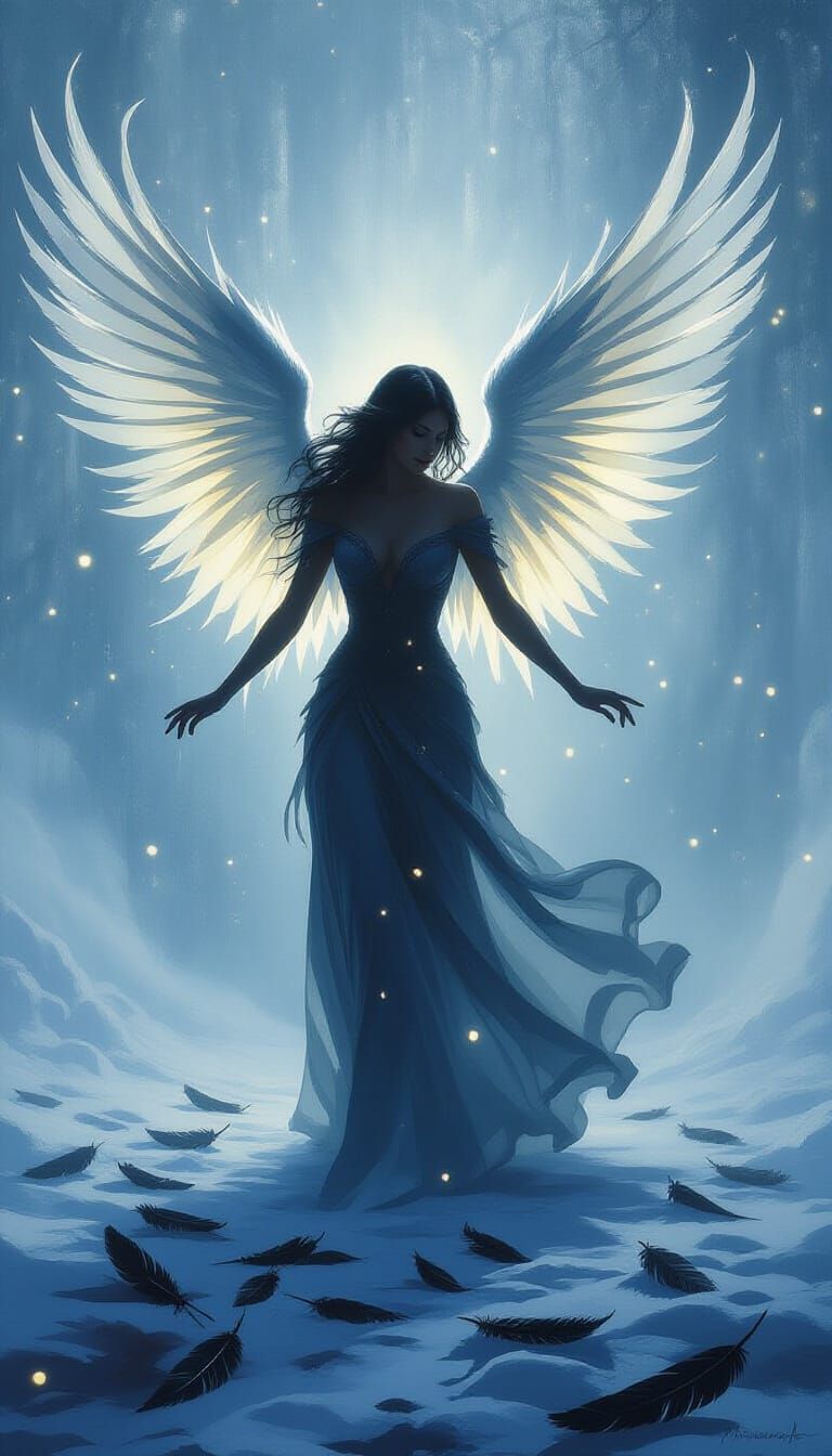 Luminous Ash Angel Dancing in Frozen Light