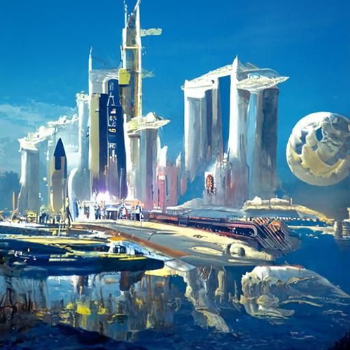 Futuristic Space City in Oil Painting Style