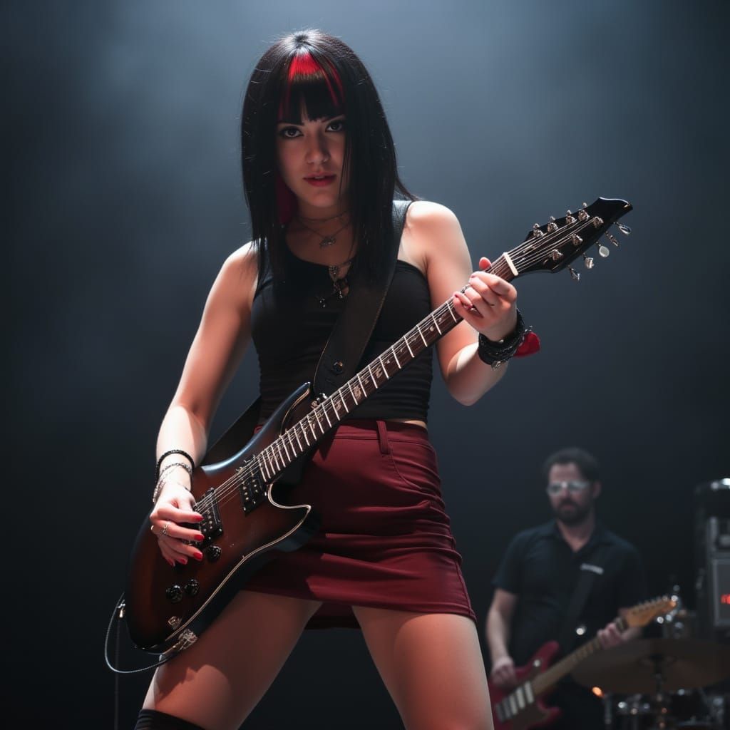 Female Guitarist in Power Pose at Concert