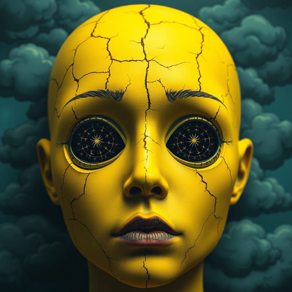 Surreal Cracked Face with Starry Eyes in Cloudy Sky