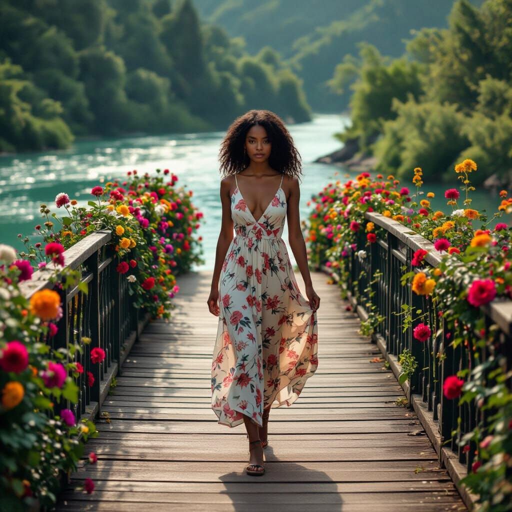 Cinematic Film Still: Woman on Flower-Lined Bridge