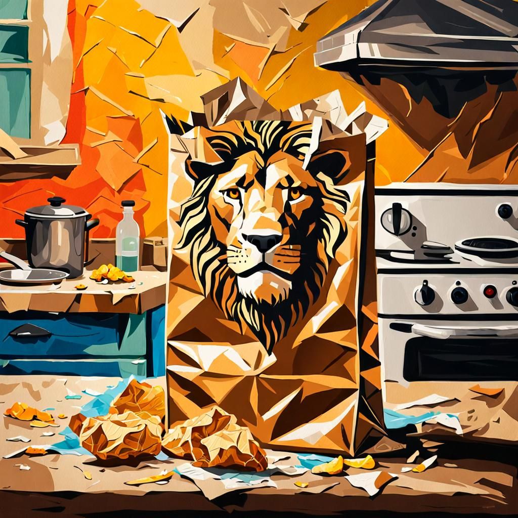 Lion Paper Bag Still Life in Oil Painting Style