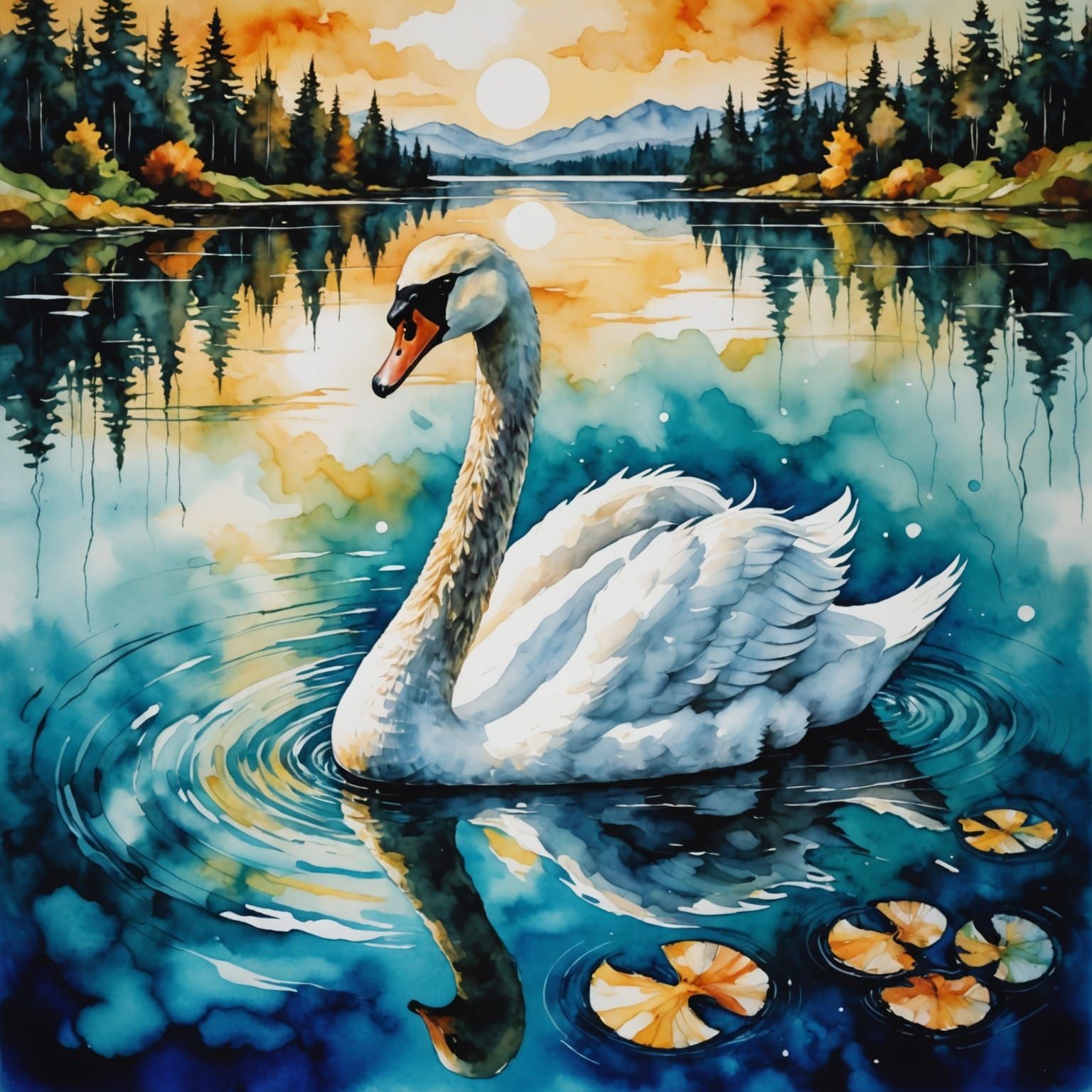 Elegant Swan in Vibrant Alcohol Ink