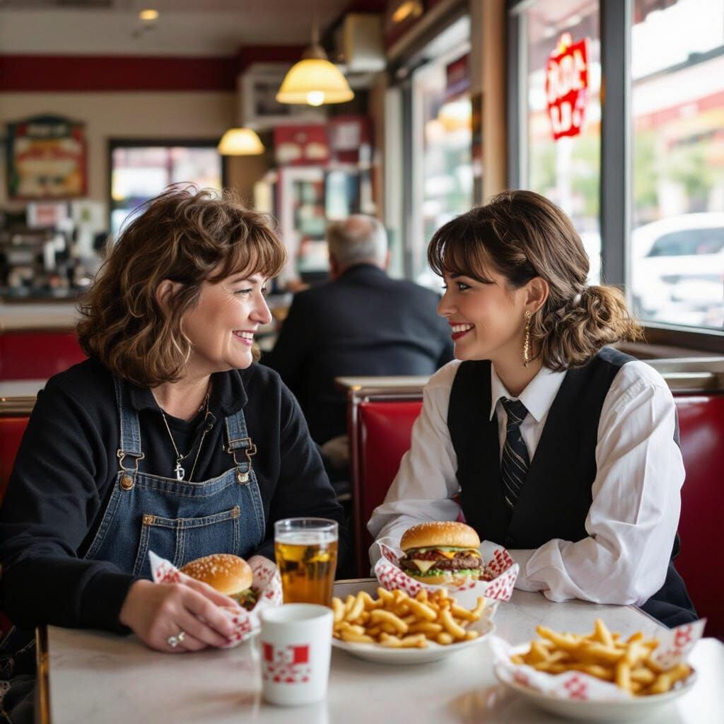 Quirky Janitor Shares Wisdom with Young Woman at Old Diner