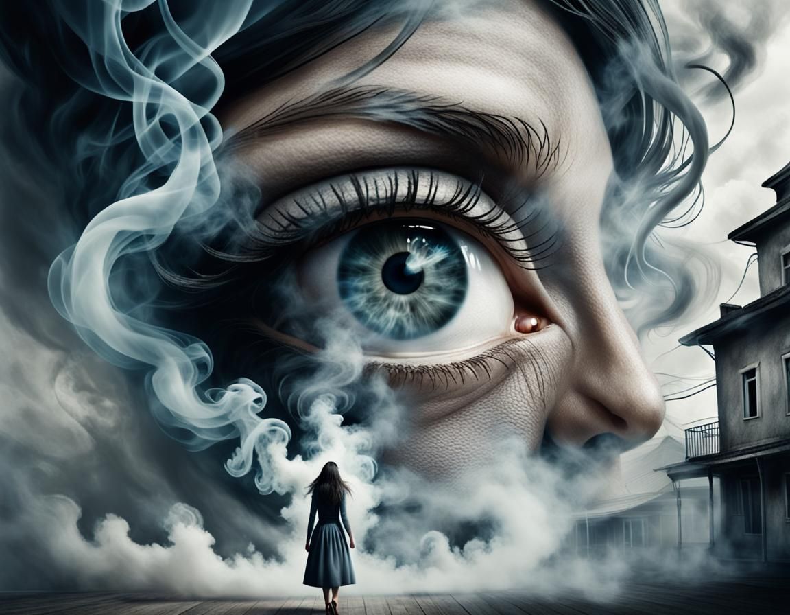 Surreal Smoke Eye Illustration Behind Frightened Woman