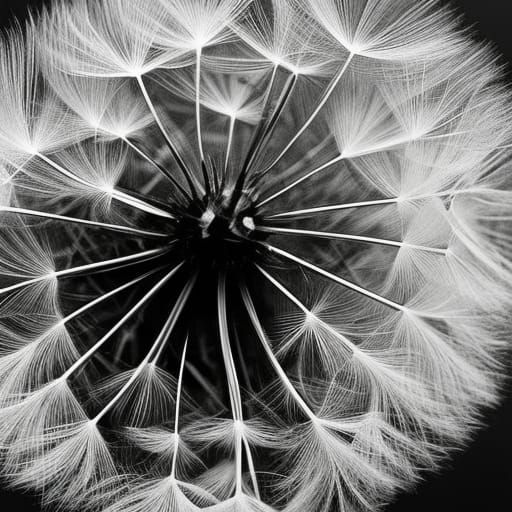 Dandelion Seeds Fly in Black and White Landscape