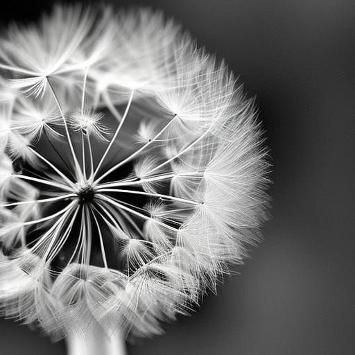 Monochrome Dandelion Landscape with Flying Seeds