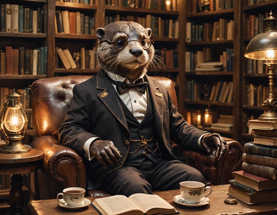 Steampunk Otter Reading in Cozy Library