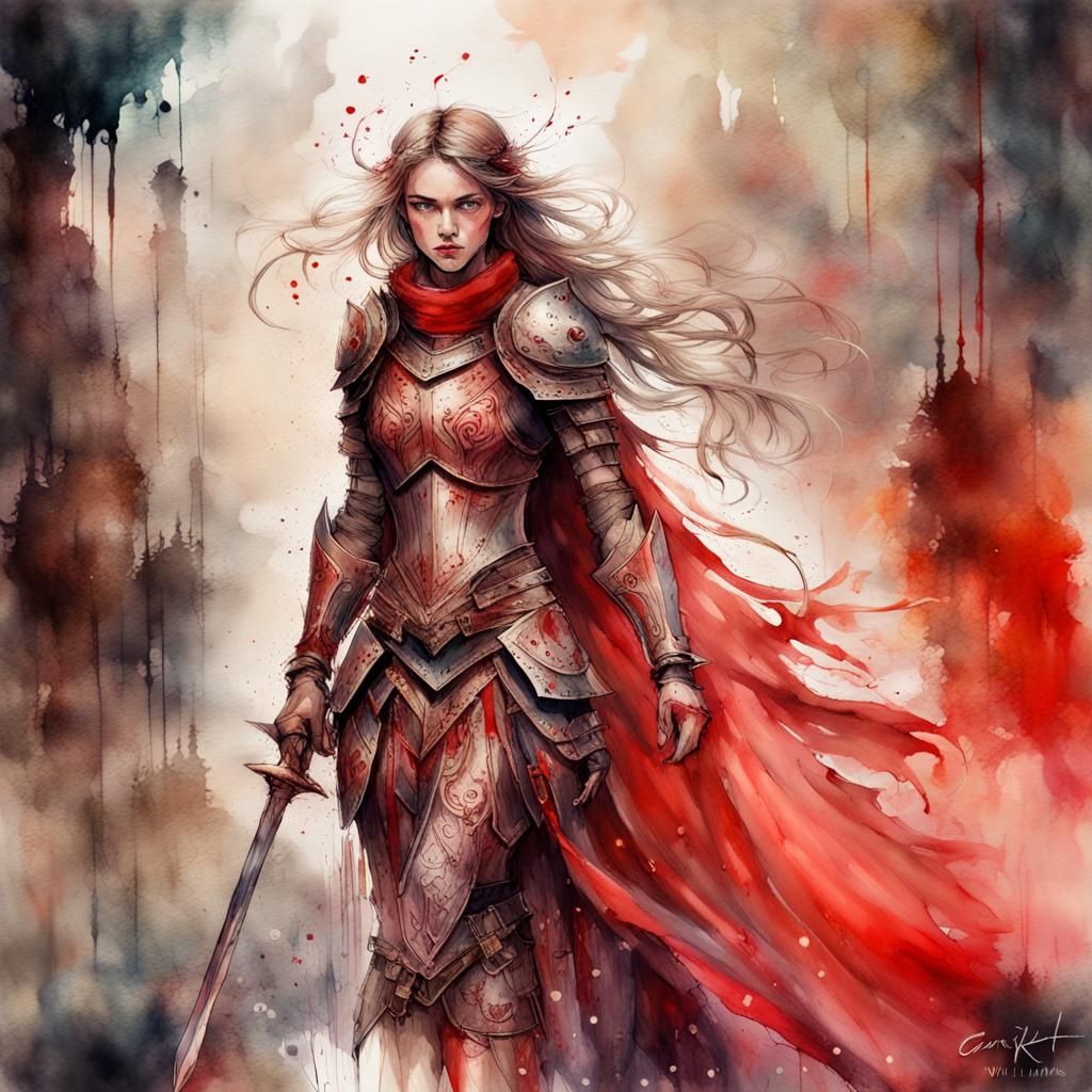 Armored Knight Woman in Dark Fairytale Watercolor