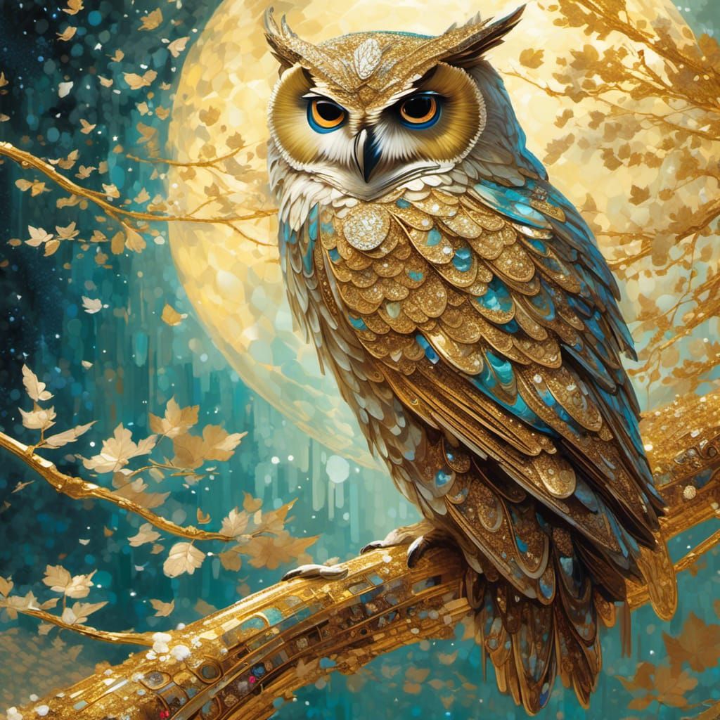 Glitter Owl on Branch in Fantasy Art Style