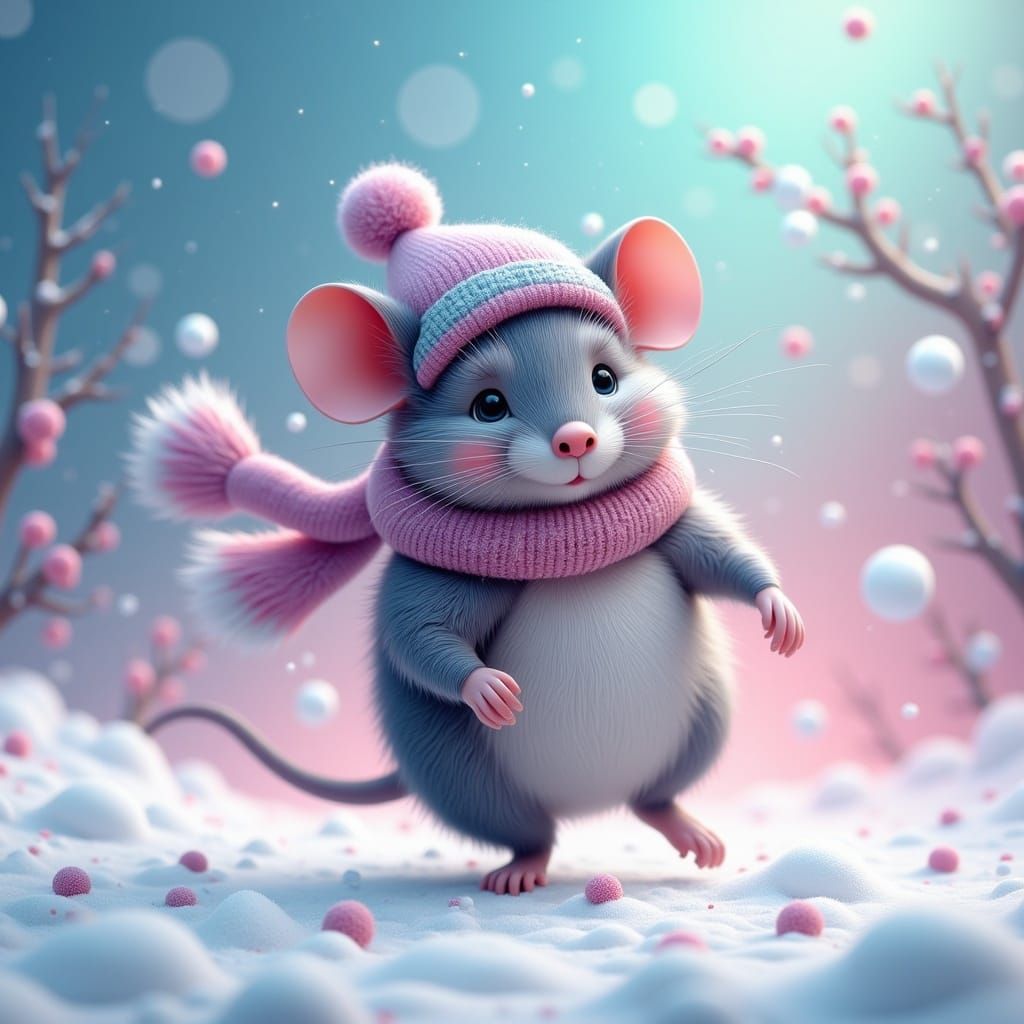 <lora:Ultra Cute Flux:1.0> Cute rat stomps through snowstorm...