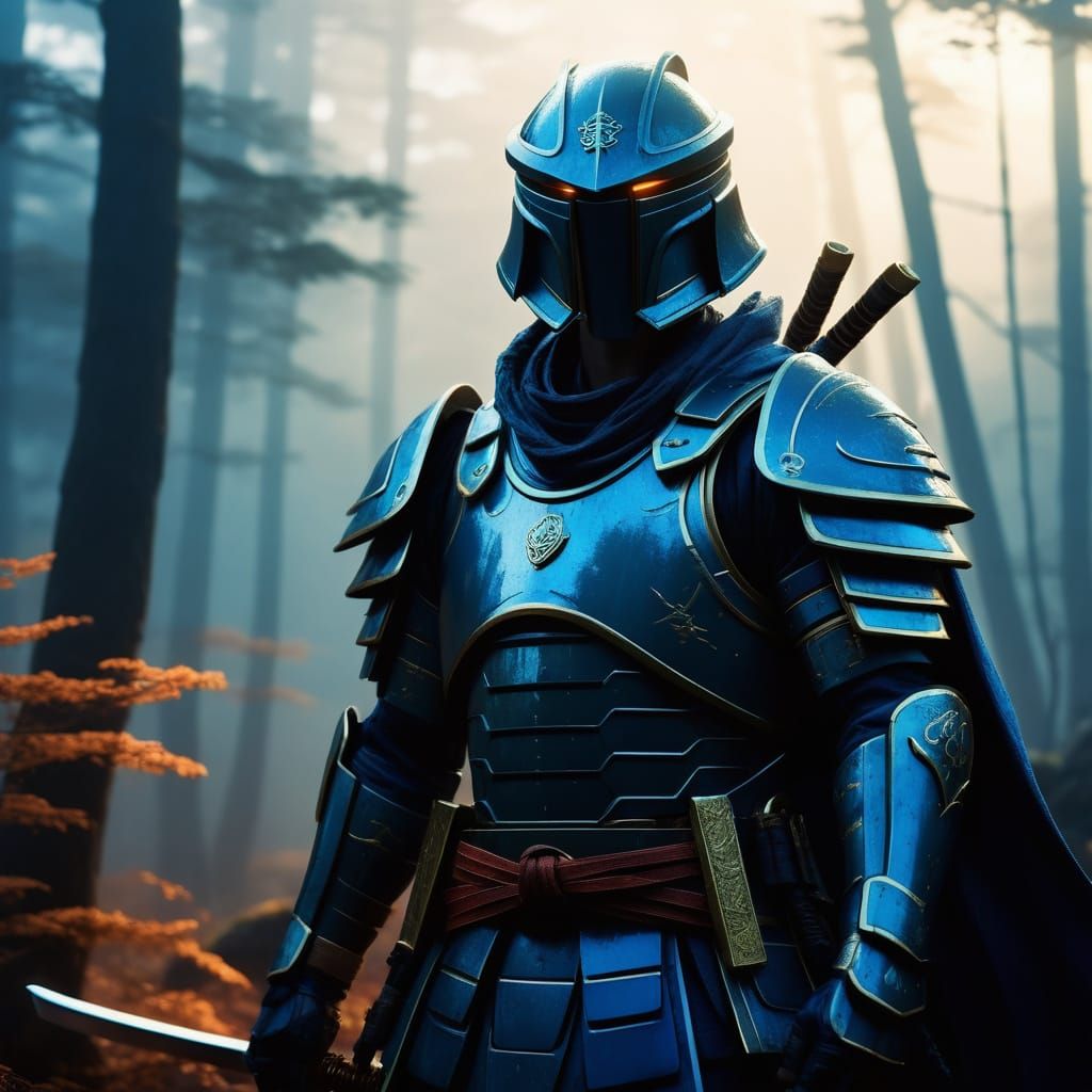 Heroic Samurai in Futuristic Armor Amidst Serene Misty Fores...