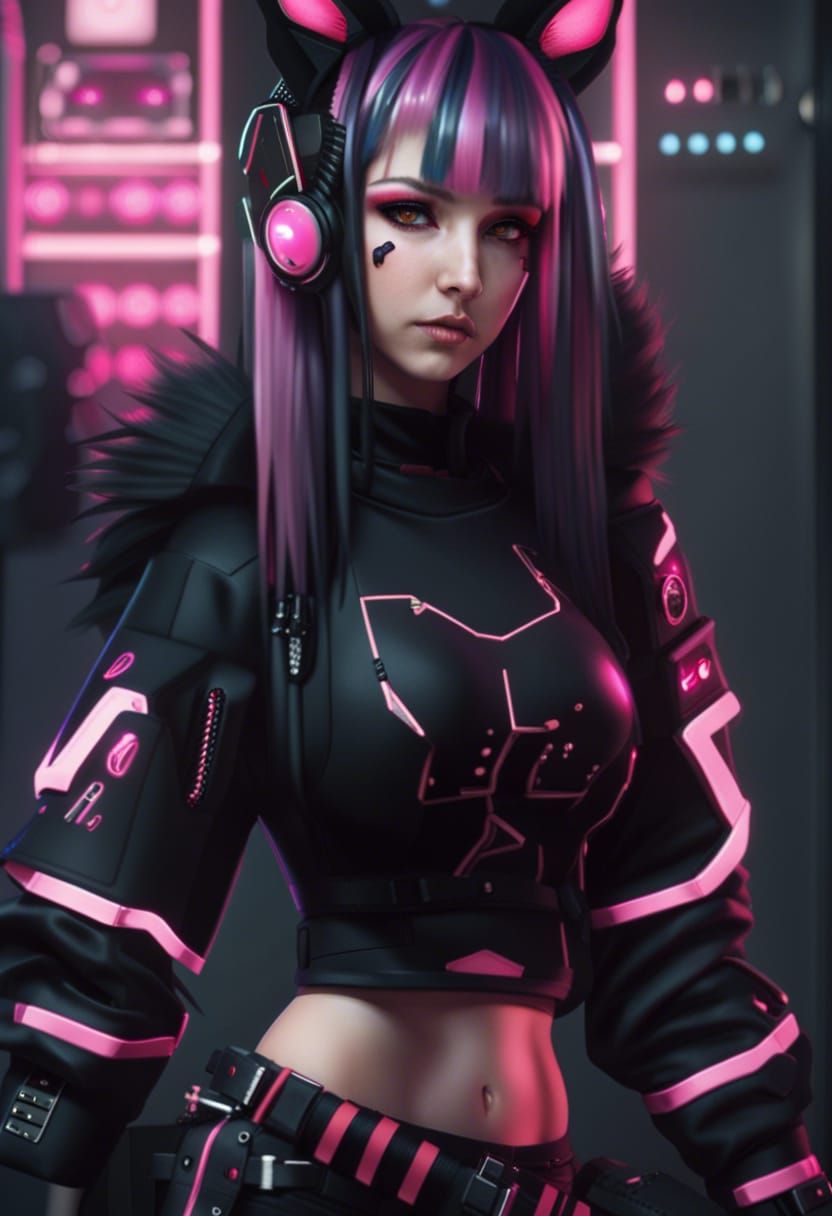 Cyberpunk Girl with Fox Features in Pink and Black