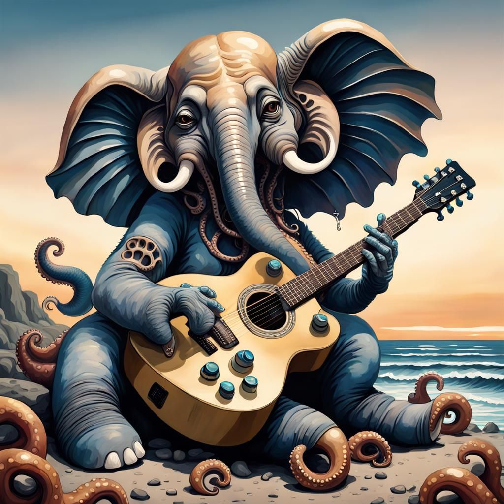Elephant Octopus Hybrid Plays Guitar: Expressionist Art