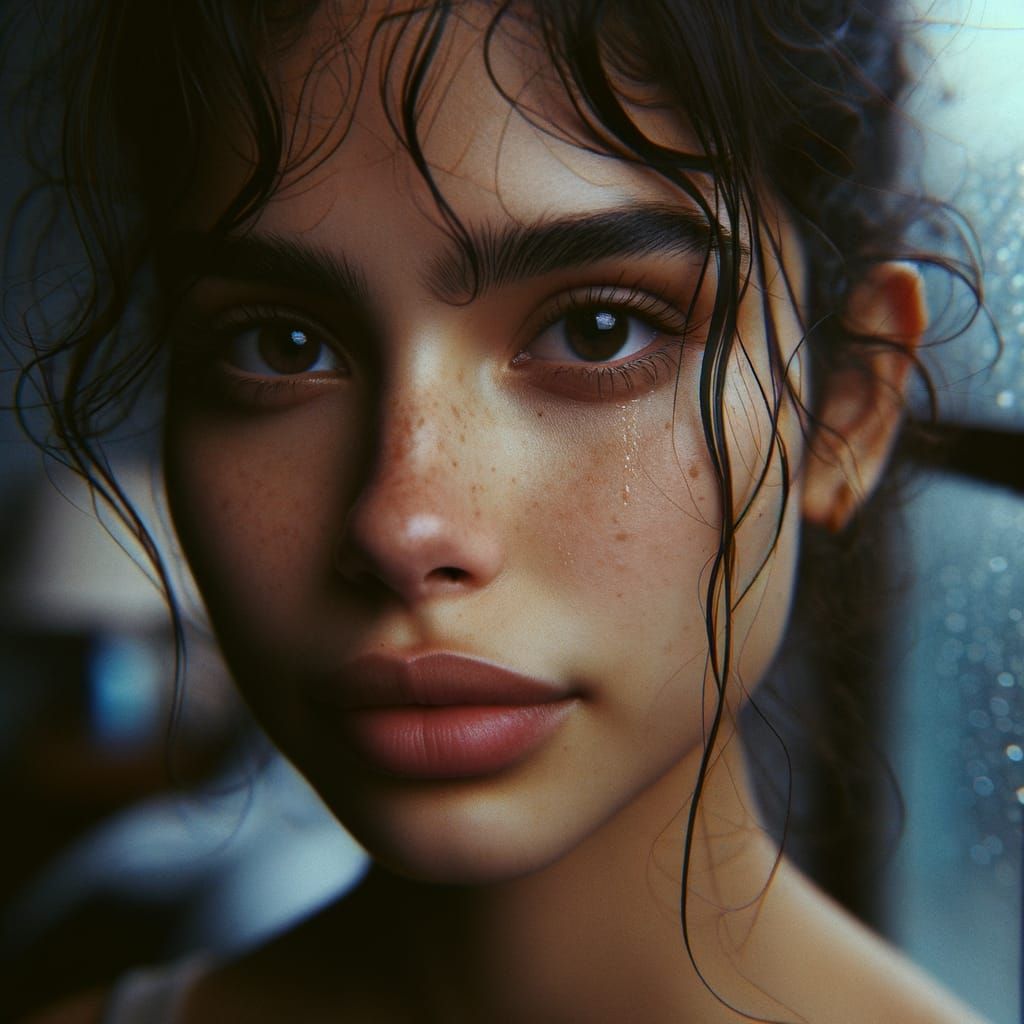 Young Woman Portrait with Tears and Rainy Window