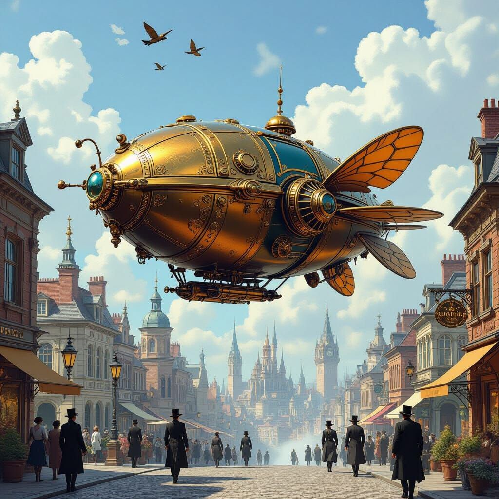 Steampunk Scarab Dirigible Over Victorian Metropolis