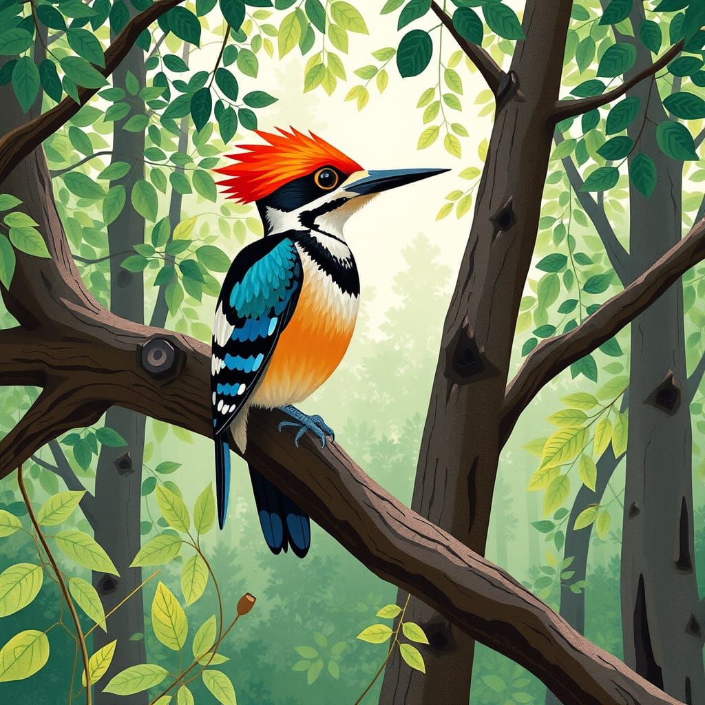 Vibrant Woodpecker in Geometric Forest