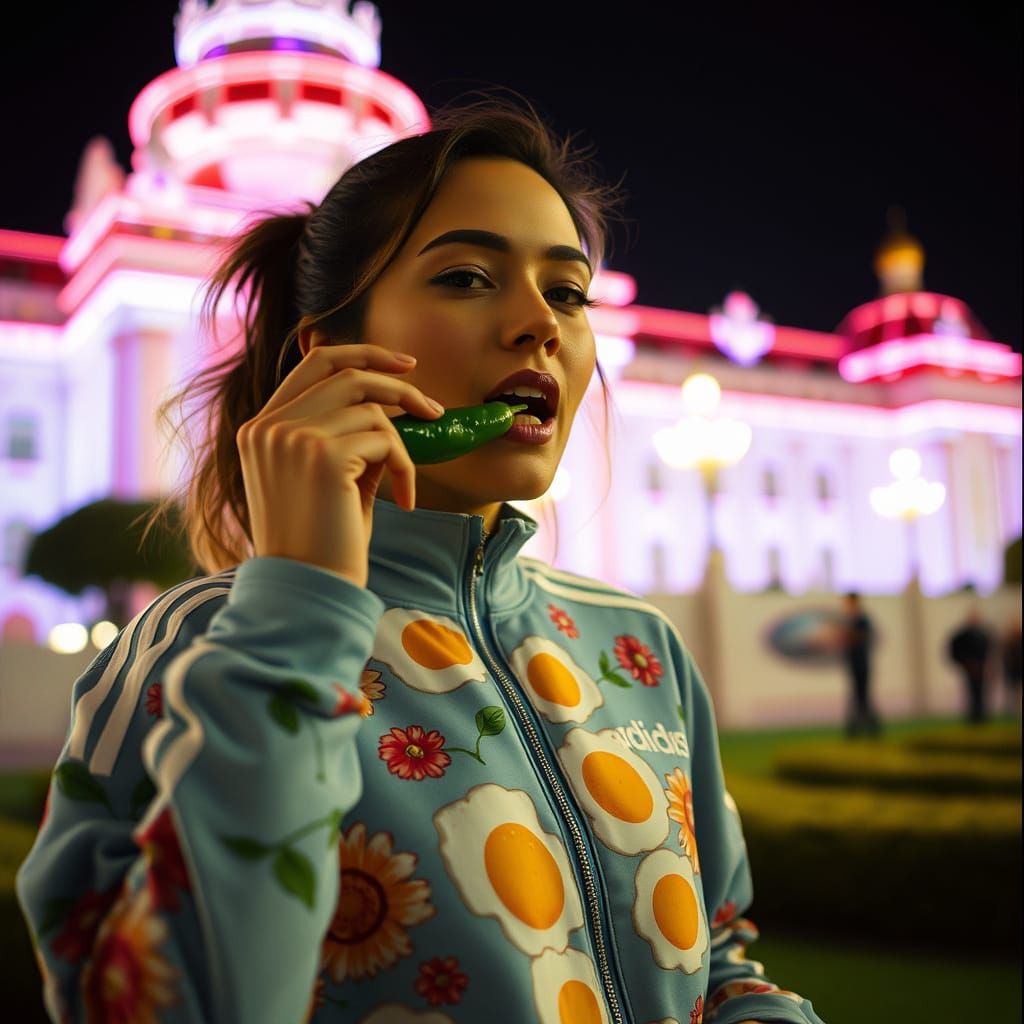 Woman in Palace Eating Jalapeño: Cinematic Still