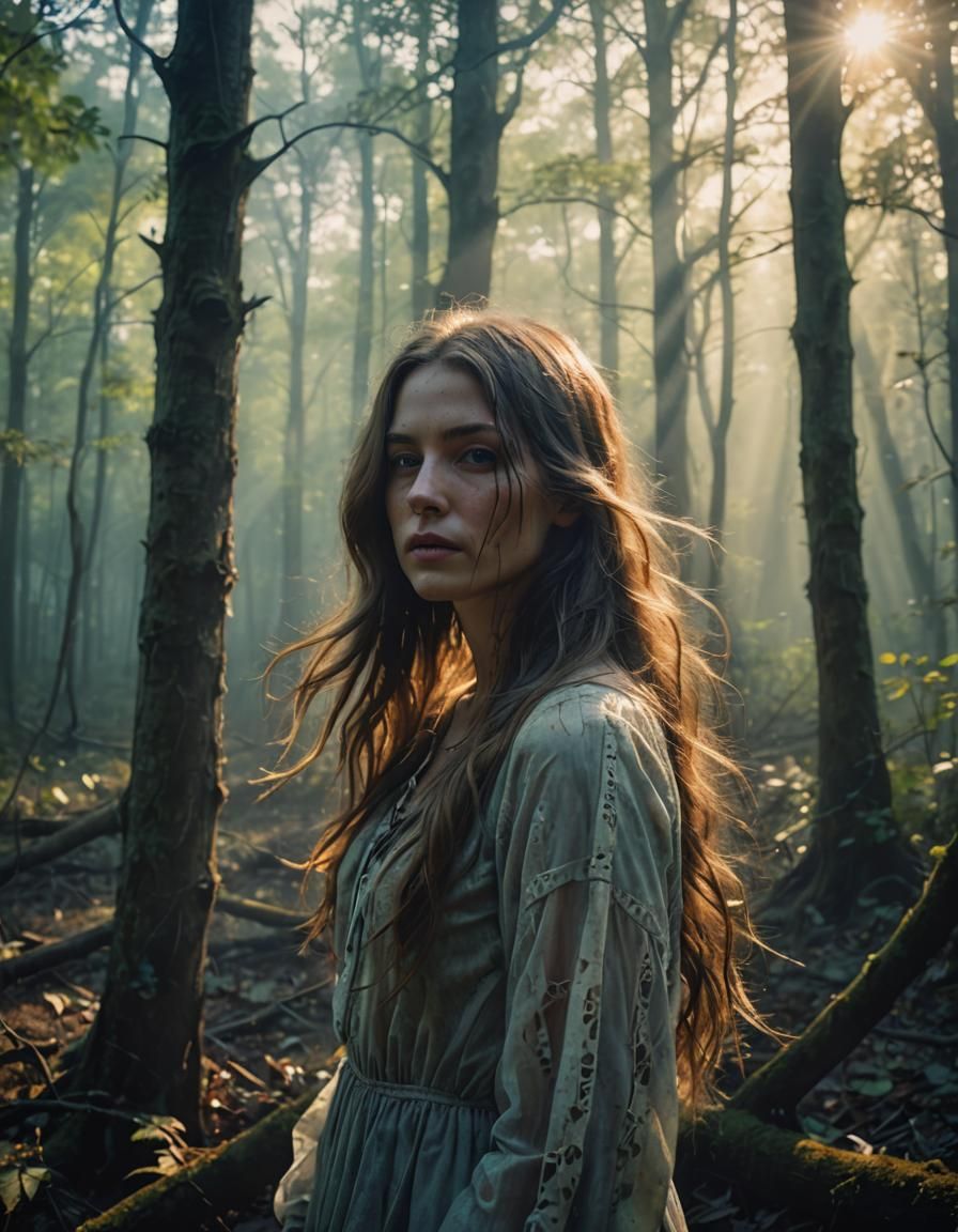 Mysterious Woman in Misty Forest: Dye-Transfer Photograph