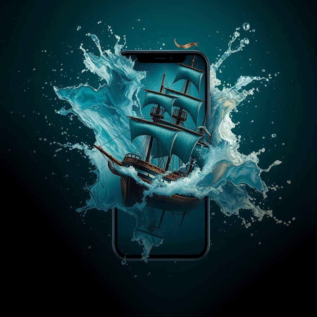 Brigantine Ship Frozen in Turbulent Water Stream