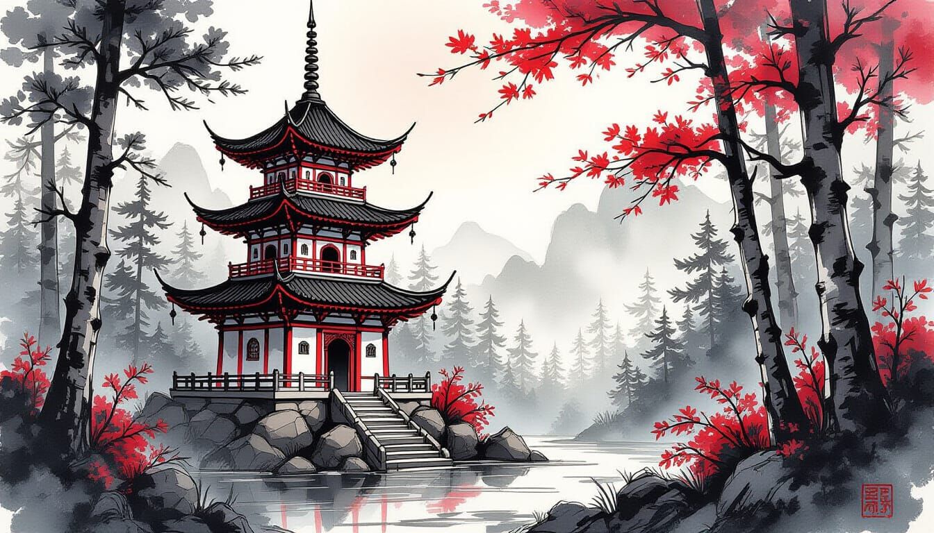 Chinese Pagoda in Forest, Ink Art Style