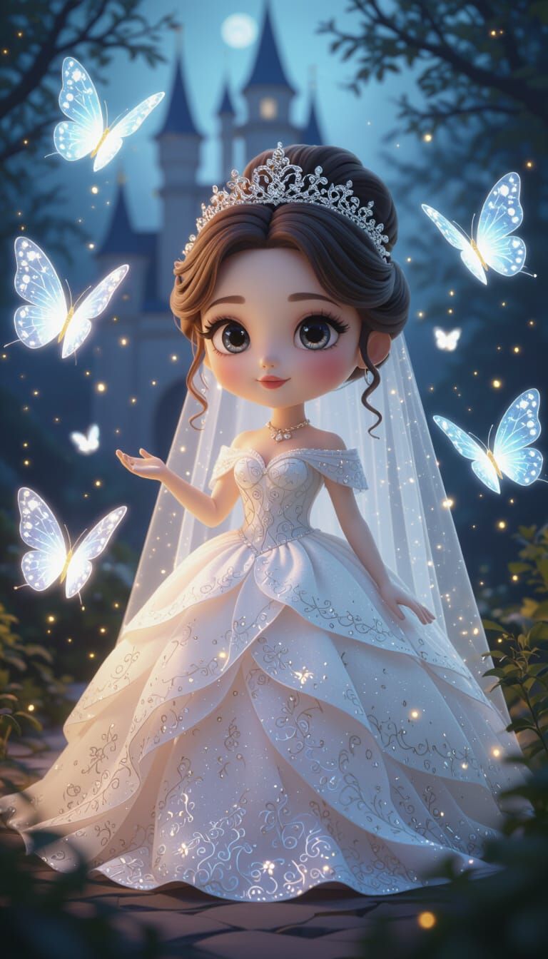 Enchanted Bride in Forest with Butterflies, 3D Render