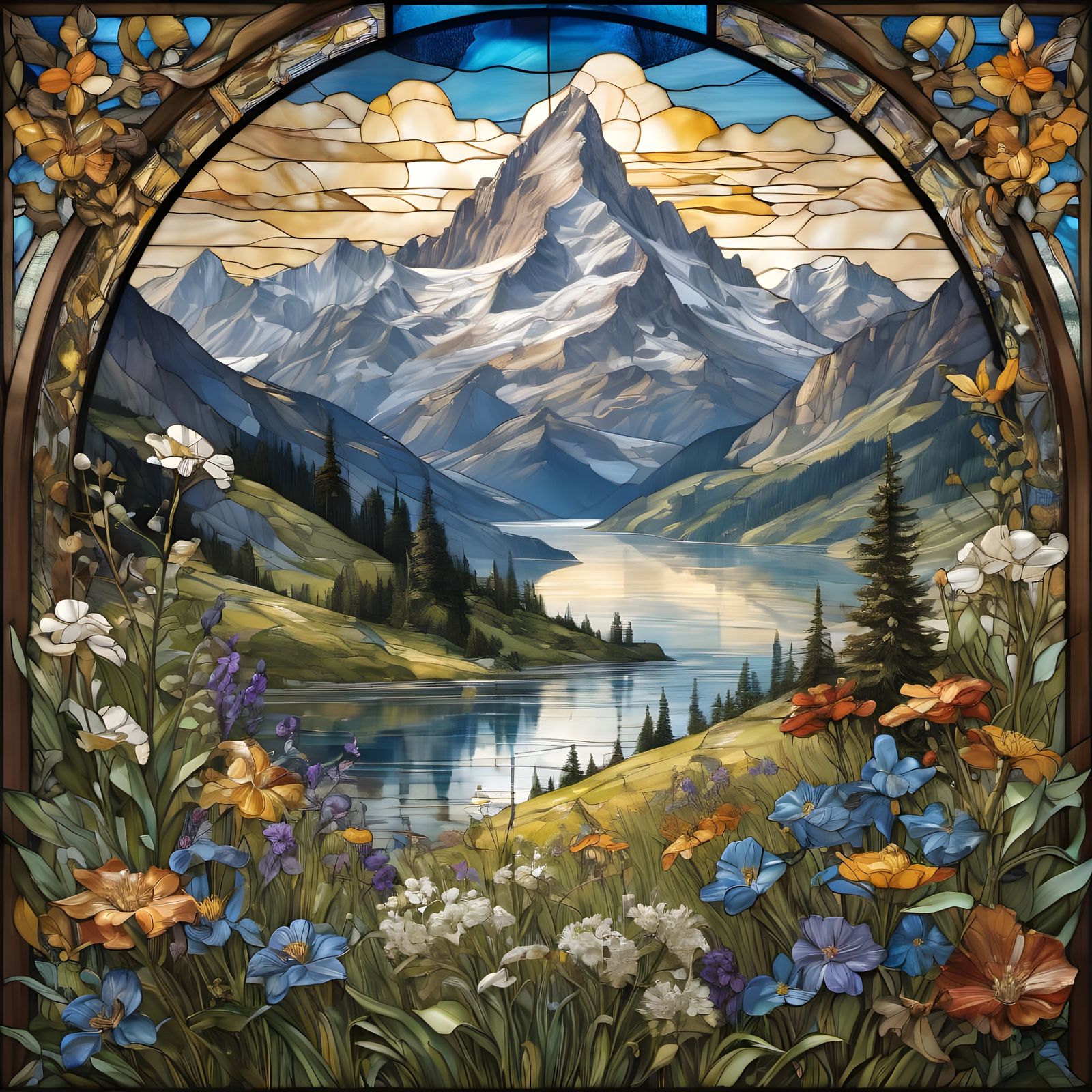 Stunning Swiss Alps Summer Scene in Vibrant Stained Glass