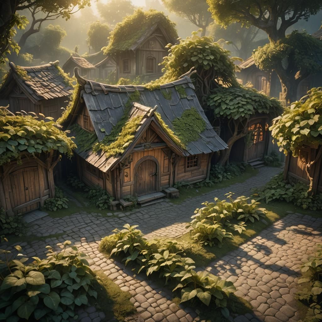 Mystical Hut on Cobblestone Street: Matte Painting
