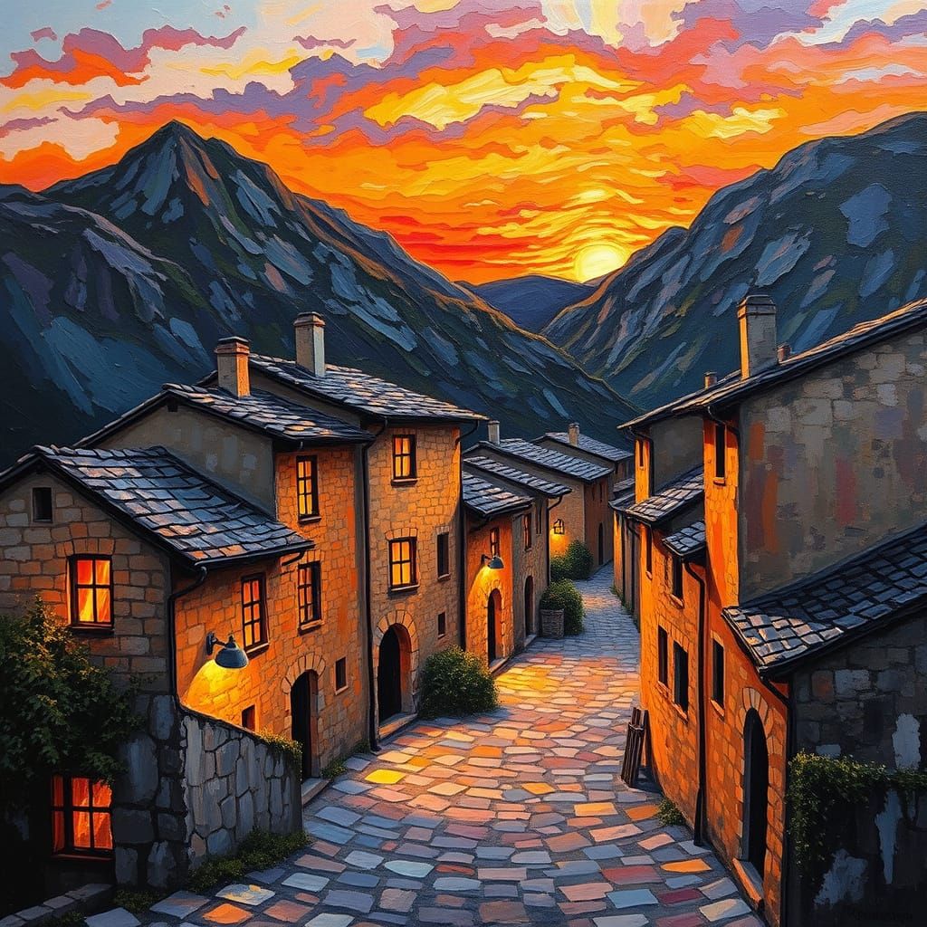 Warmth of Quaint Mountain Village at Sunset