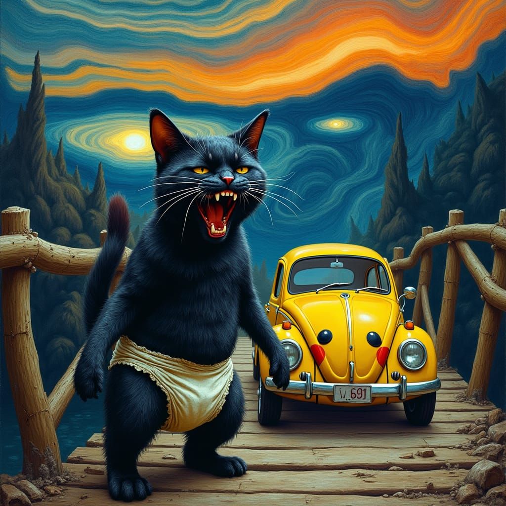 Screaming Cat Beside Beetle: A Maximalist Art Piece