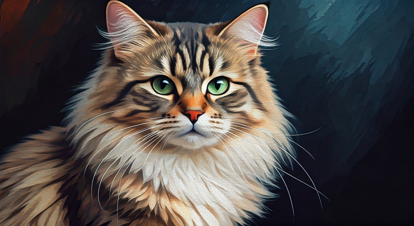 Elegant Long Haired Cat in Gouache Masterpiece