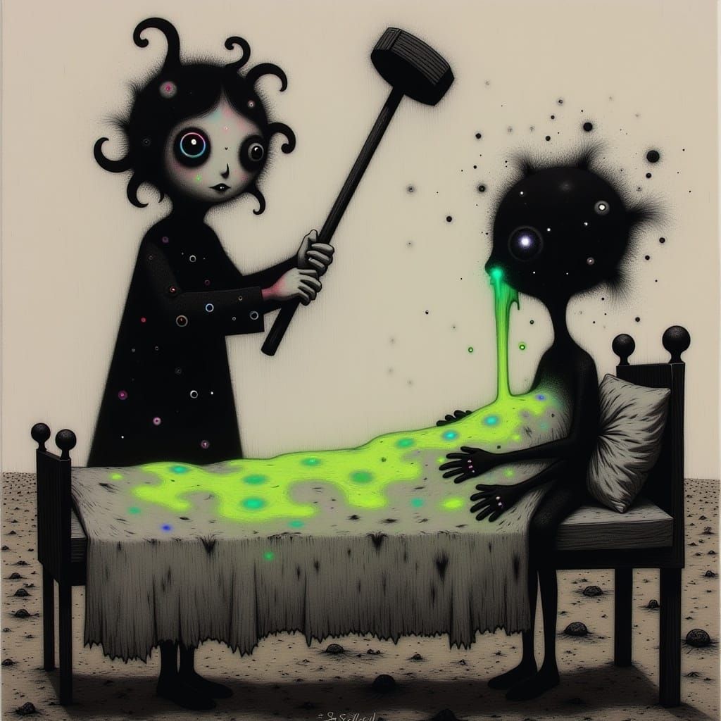 Surreal Jester in Wasteland Hospital, Charcoal Art