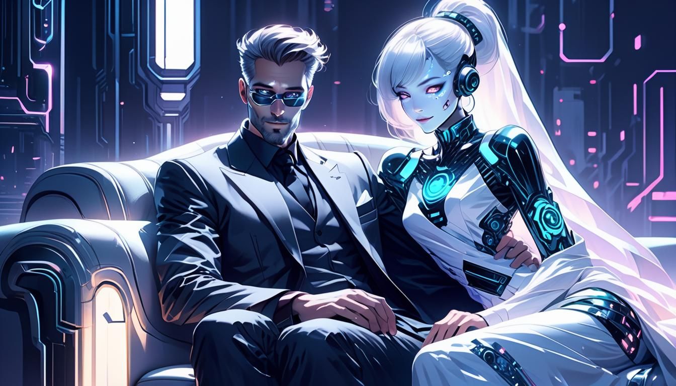 Man and Ethereal Cyber Girl in Futuristic Twilight