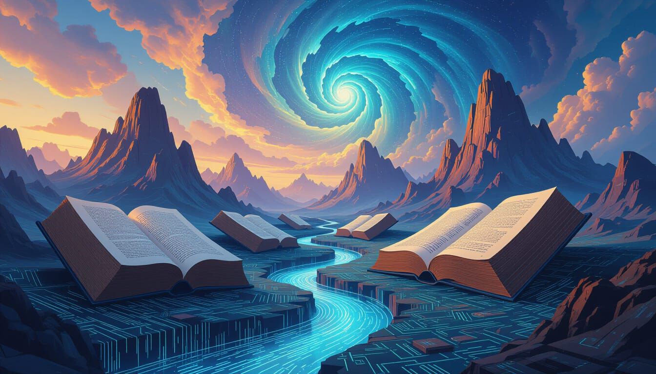 Epic Book Mountains Flowing Code Valleys Digital Art
