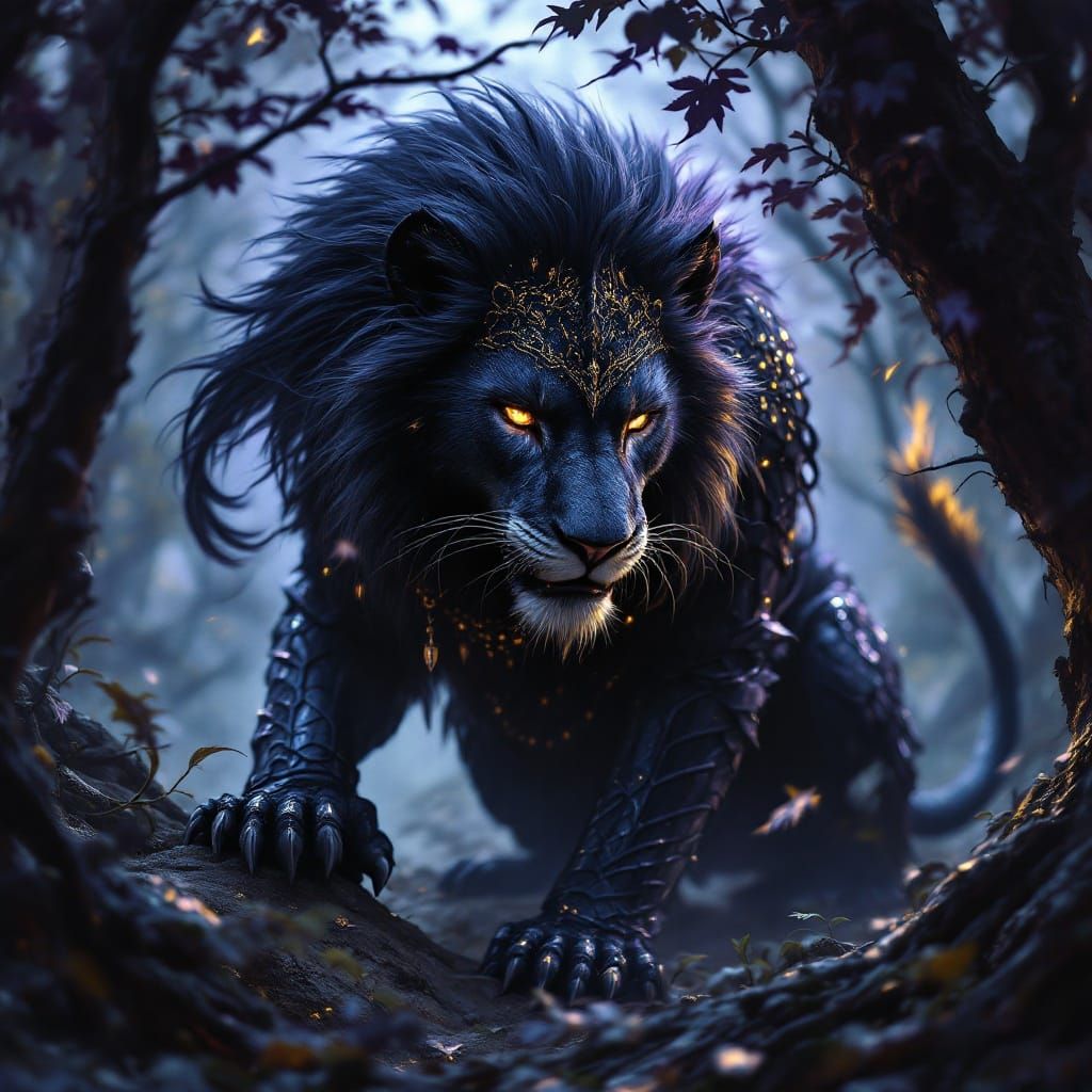 Dark Fantasy Lioness in Chain Mail Armor Stalking Prey